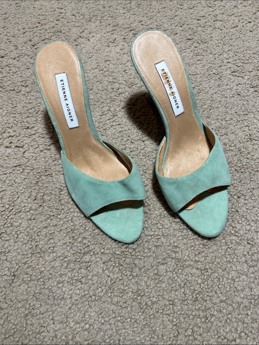 Vintage Etienne Aigner mint green suede slip on sandals